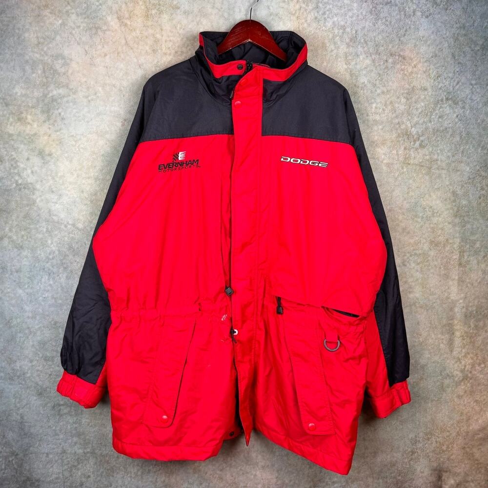 VTG 90s Dodge Ram Puffer Jacket Mens Sz XL Red Black Logo Cars Trucks Diesel